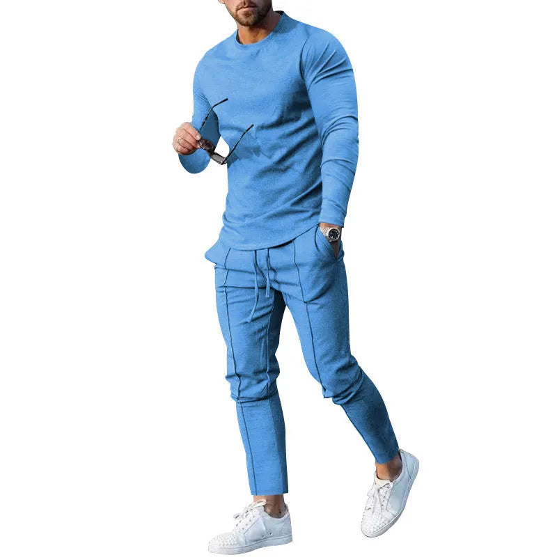 Men's light grey round-neck long sleeve T-shirt and trousers two-piece suit set on a hanger