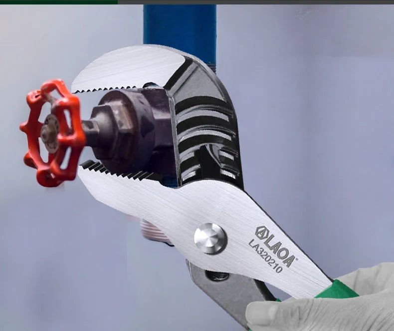 Adjustable CR-V steel pipe wrench with viscous plastic handle, shown in various sizes on a workbench.