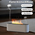 Black or white ultrasonic humidifier and aroma diffuser with LED lights creating flame mist effect.