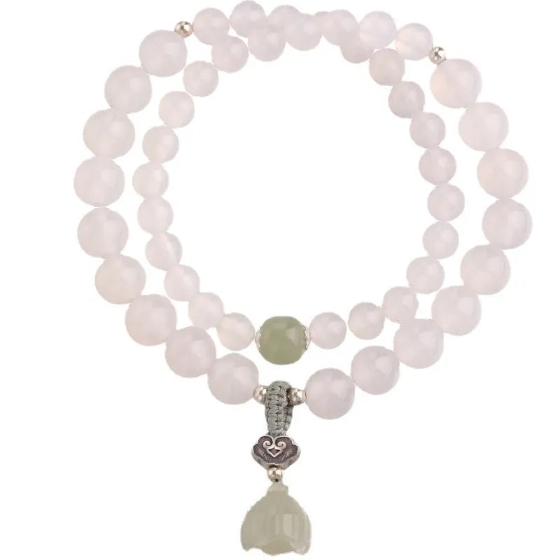 White agate and Hetian jade beads on a geometric S925 sterling silver lotus bracelet for women.