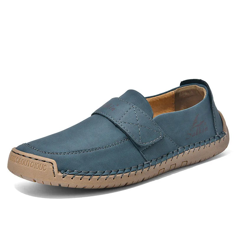 Autumn leisure hand-stitched PU leather shoes with Velcro fastening in rose red, flat heel