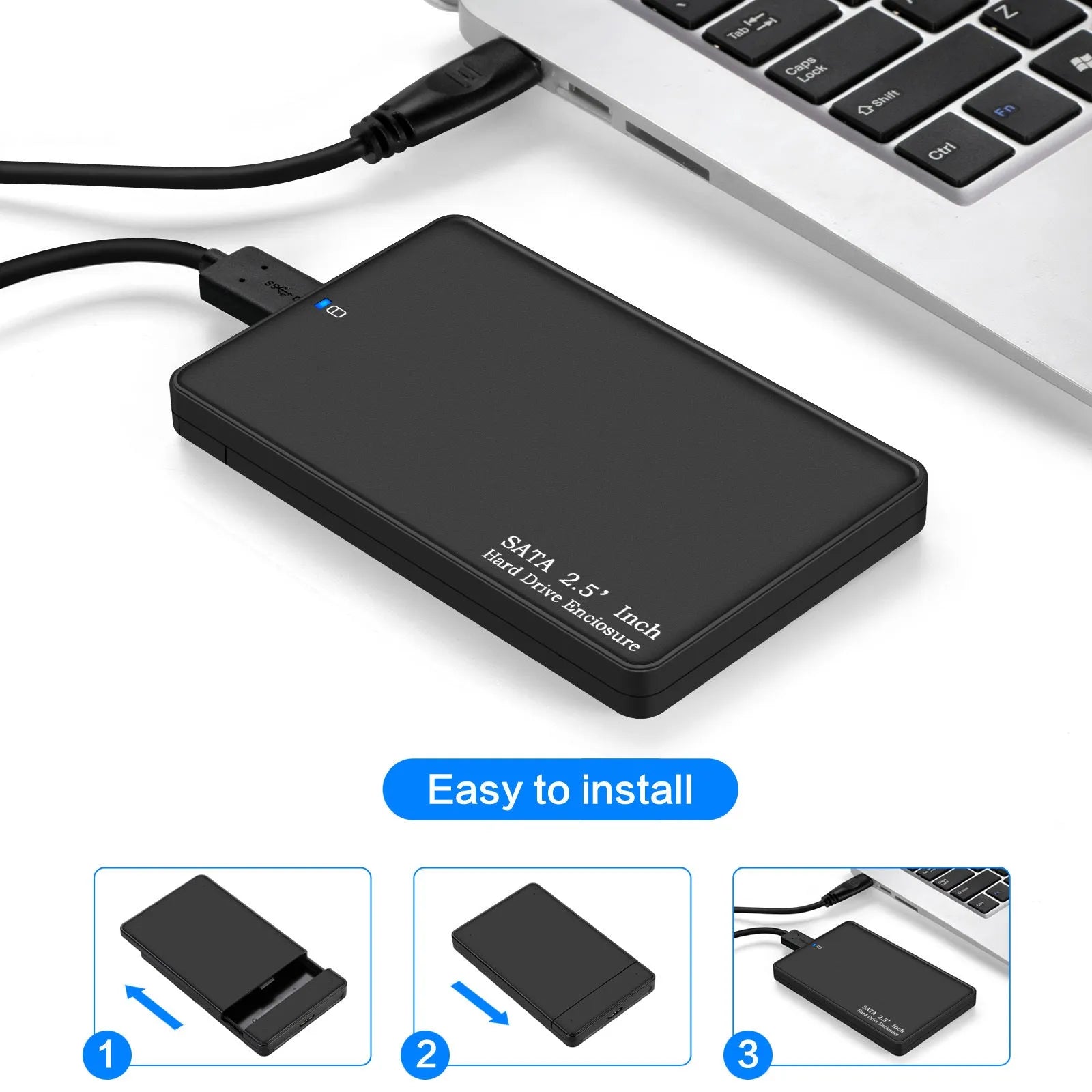 2.5 inch USB 3.0 SATA external hard drive enclosure, black ABS case, supporting 2TB HDD and SSD