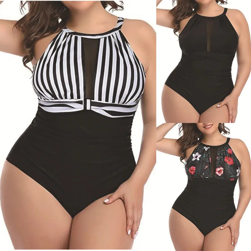 Women's black, striped, and red flower one-piece polyester swimsuit on hanger, sizes L to 4XL