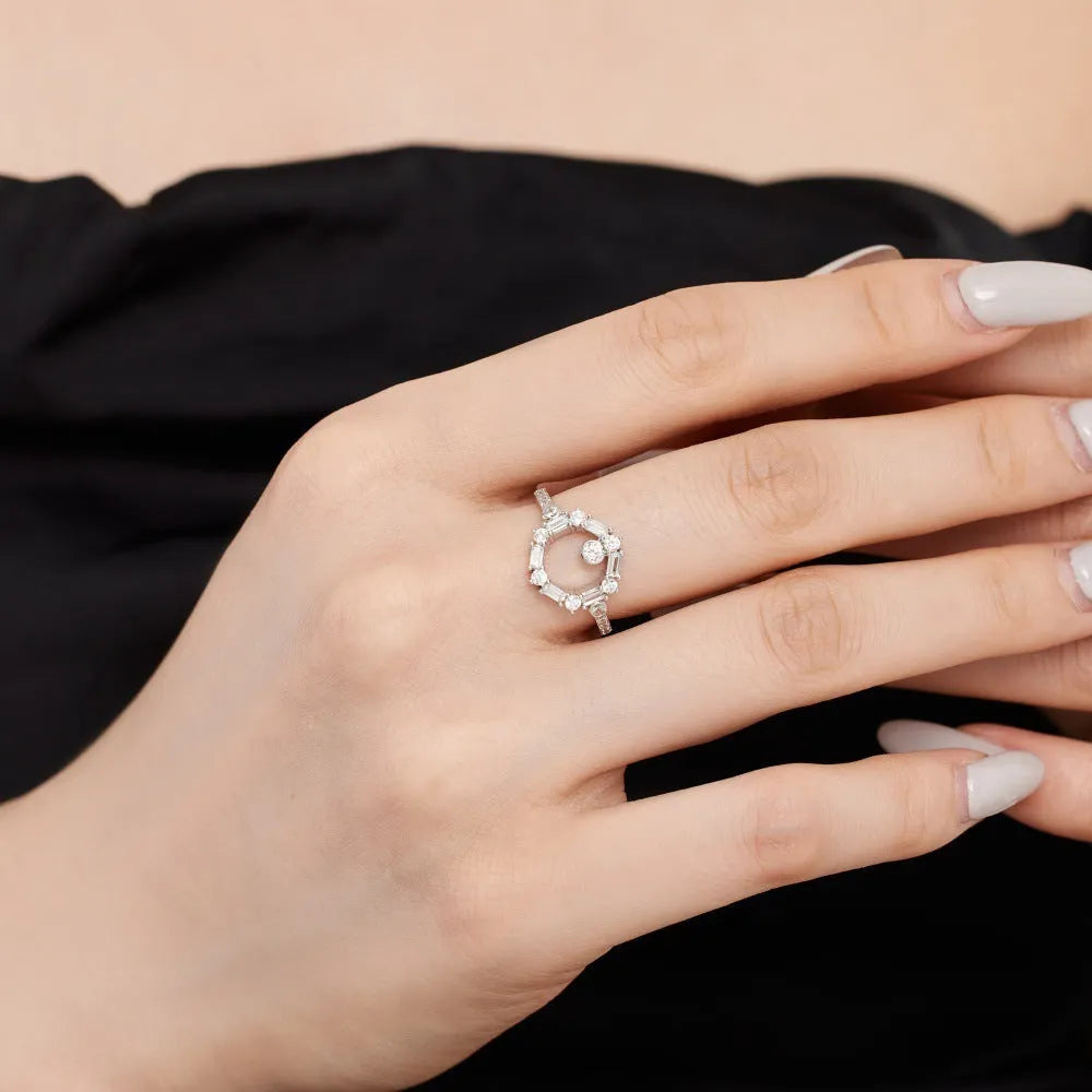 Women's S925 sterling silver geometric hexagon ring, platinum white finish, electroplated, size No 7