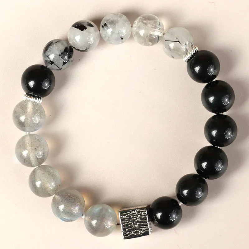 Crystal couple bracelet with 10mm geometric beads in khaki colour, Chinese style design for men and women