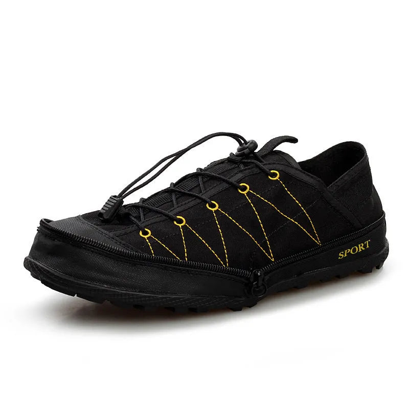 Orange portable folding outdoor shoes with a side zipper and mesh uppers shown flat and folded.
