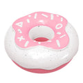 Pink, yellow, and chocolate coloured TPR donut dog toys with textured surfaces and a squeaker.