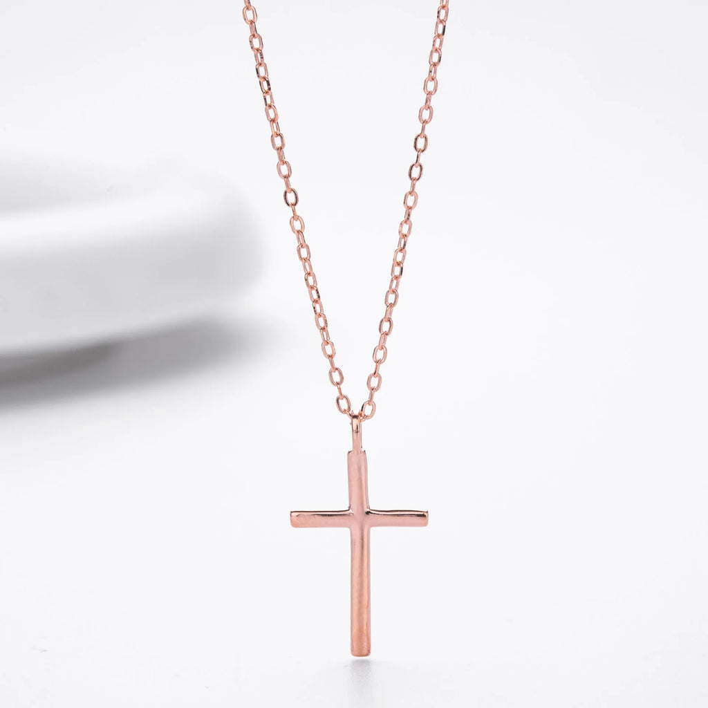 S925 sterling silver cross pendant necklace on an adjustable O-chain, shown in gold plated finish.