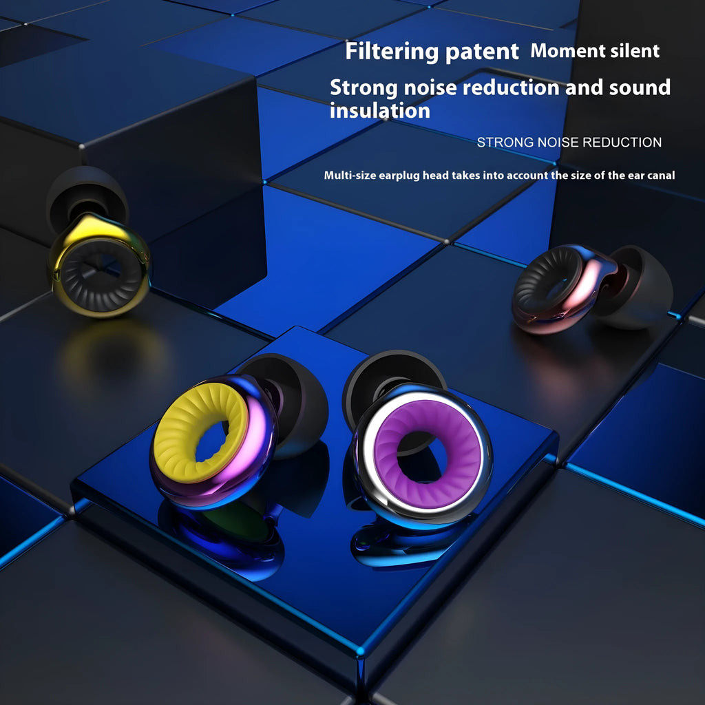 Set of silicone noise reduction earplugs in multiple colours with a storage box and spare ear caps.