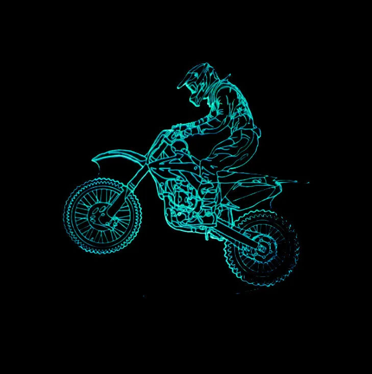 3D night light displaying a motorcycle design with colour-changing LED illumination on a black acrylic panel