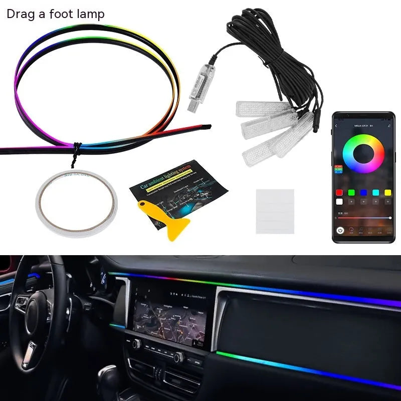 Car atmosphere LED light bar in MMA housing, 3W 5V magic colour, universal hidden modification with optional foot lamp