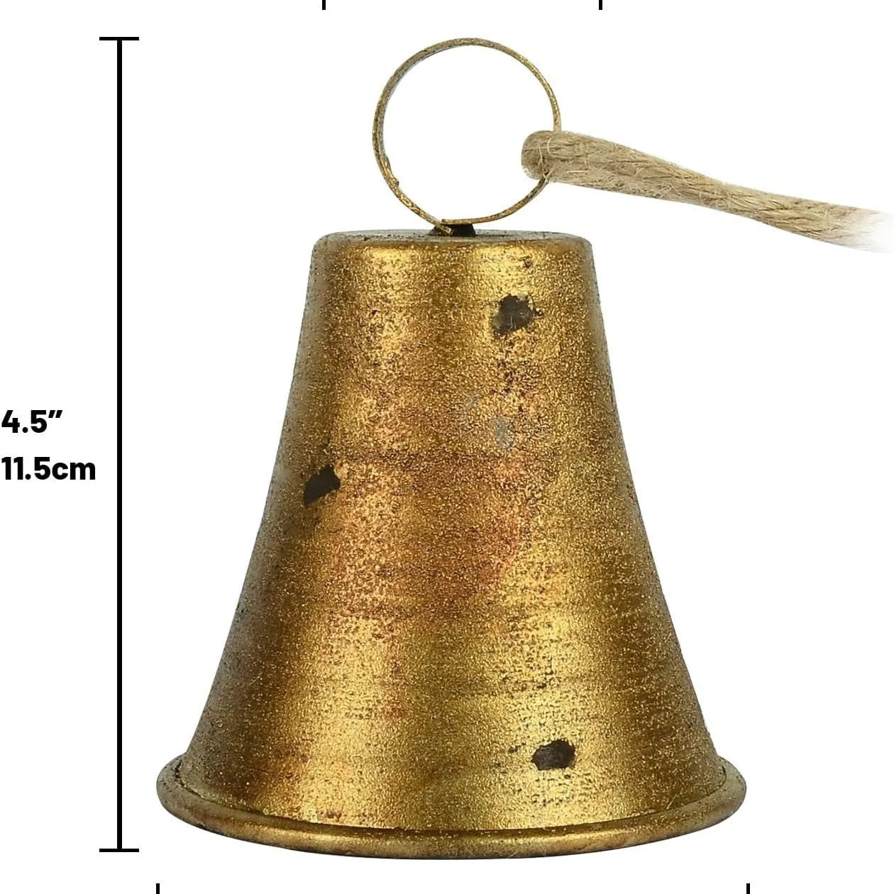 Four handmade metal bells in retro country style, each 11.5x8.5 cm, on a wooden surface