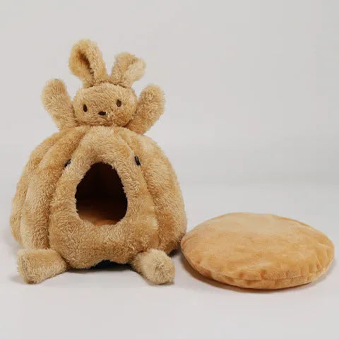 Arctic velvet pumpkin sleeping nest for small animals, showing round shape and removable mat in size medium