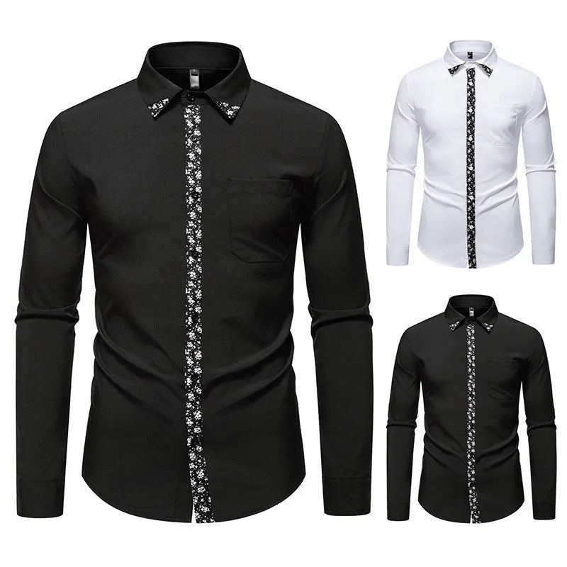 Men's white and black polyester cardigan shirt, long sleeve slim fit, sizes S to 2XL