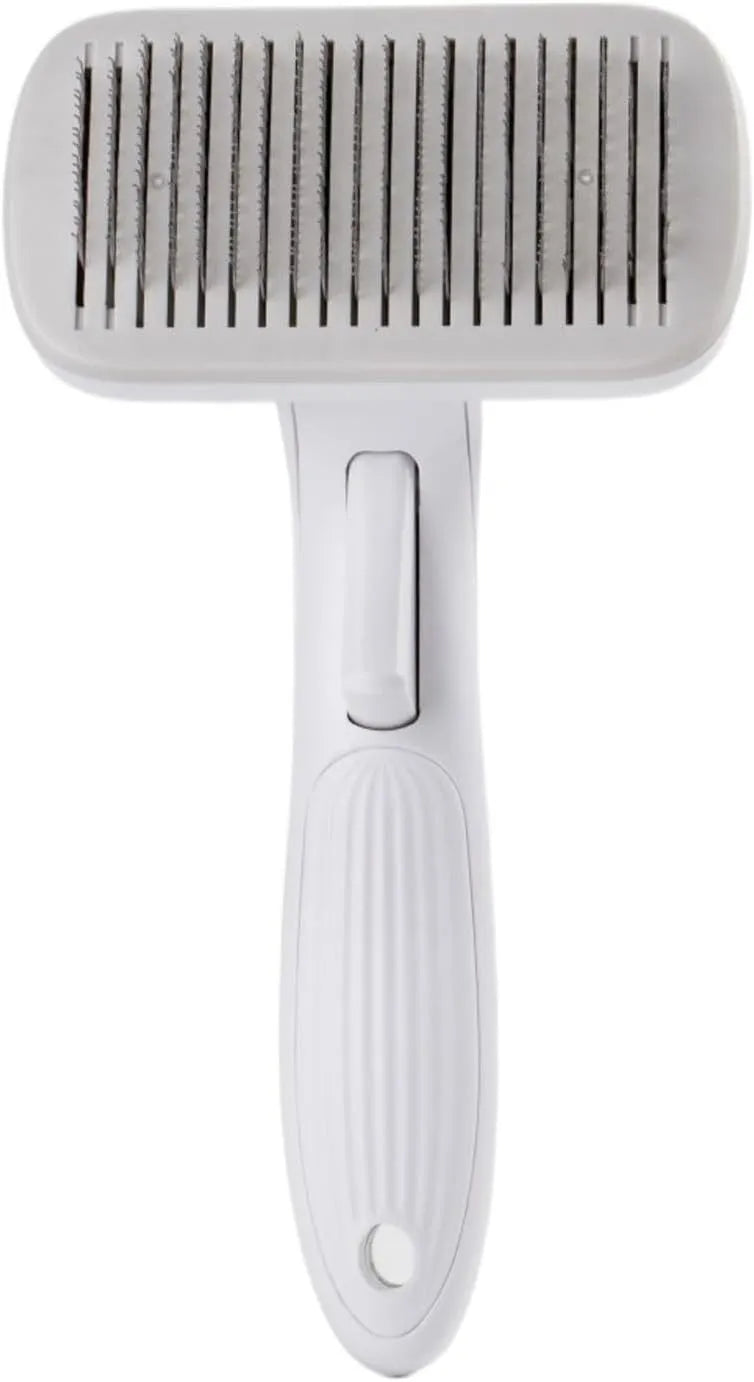 Automatic pet hair removal comb for dogs and cats in blue, showing one-click needle comb mechanism.