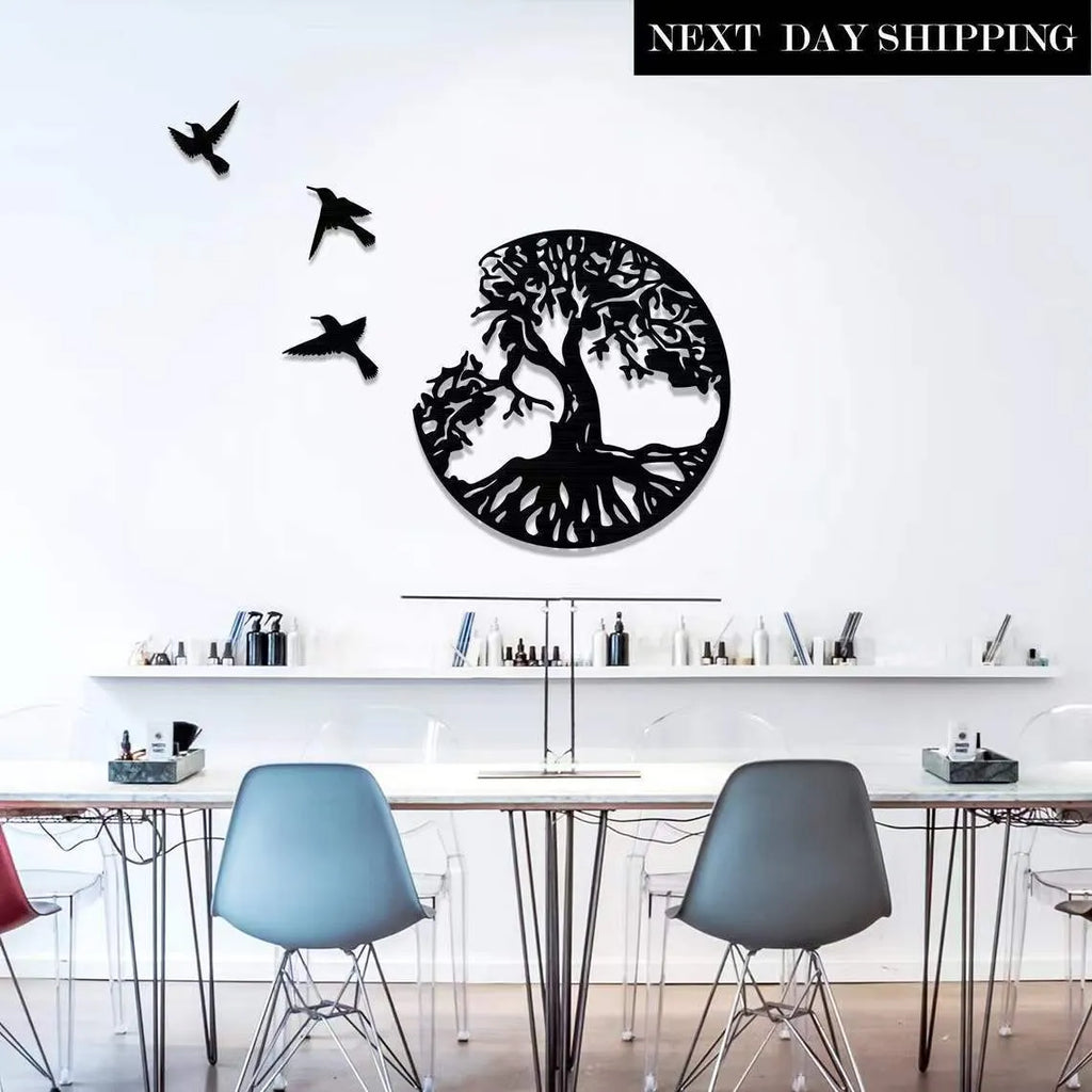 Black iron wall art hanging with wind chime in modern simple style, electroplated finish, hanging by iron strap