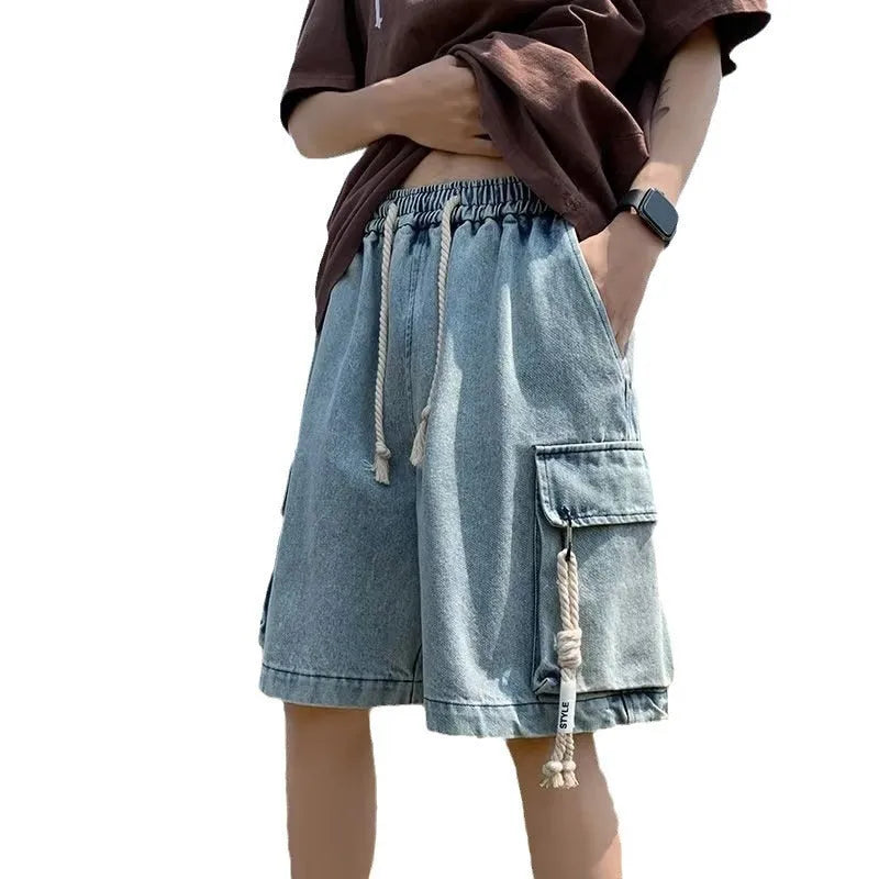 Men's American retro workwear denim loose casual shorts in dark blue