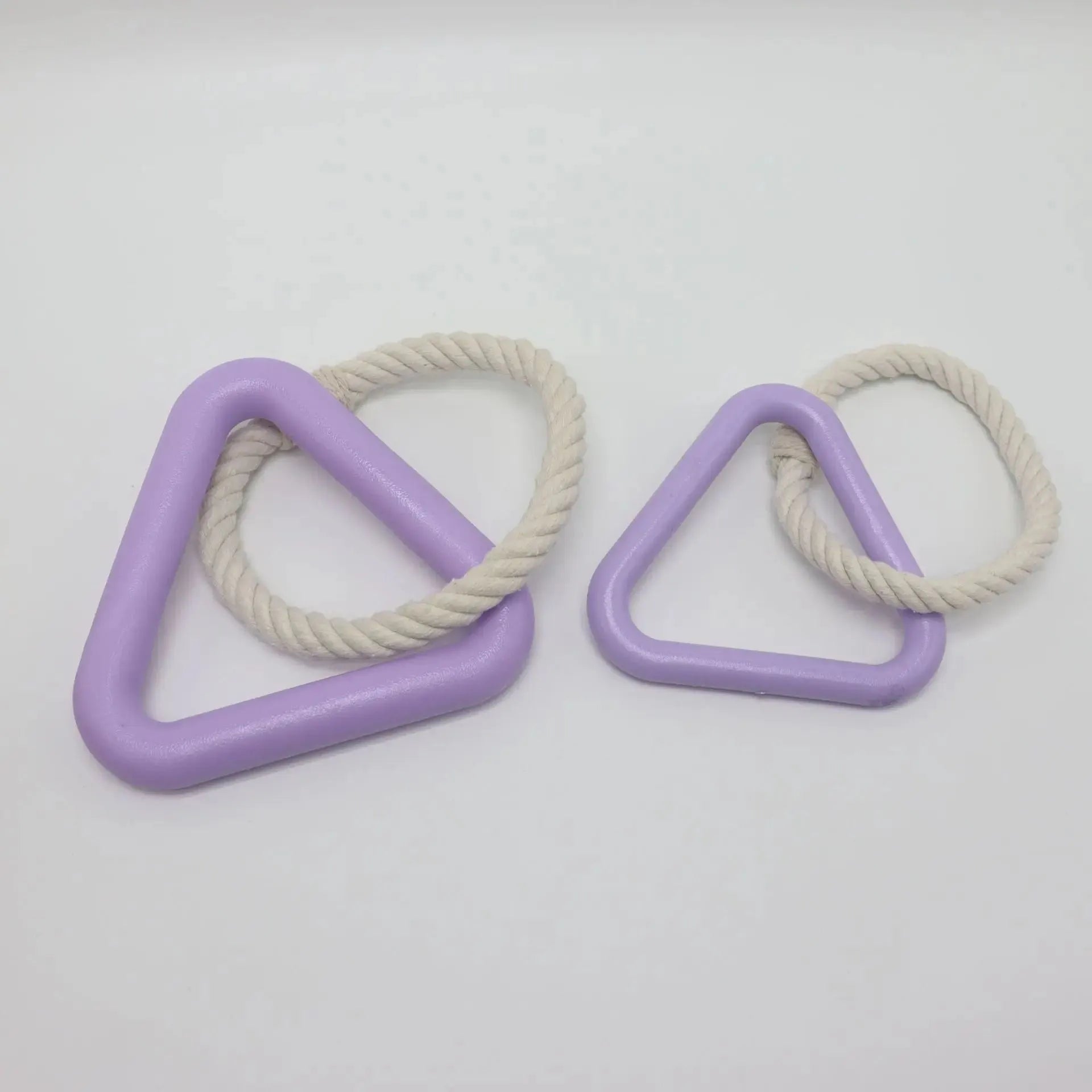 Large triangular cotton rope pull ring dog toy in beige, pink or purple colours