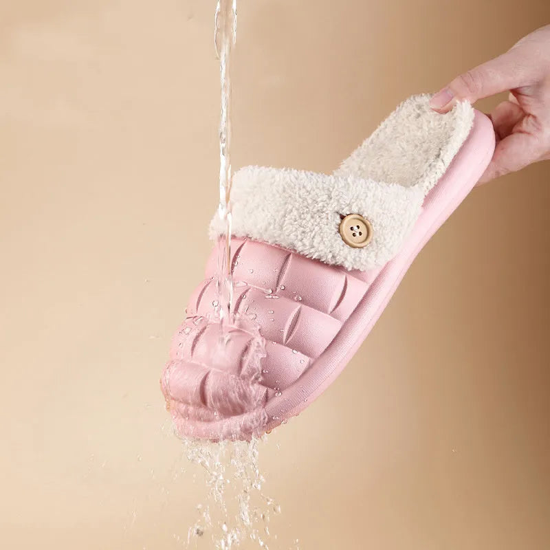 Plaid-patterned detachable EVA house slippers with plush lining, shown in pink, green, yellow, white, grey, or black.