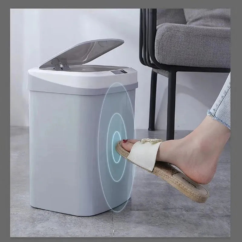 Smart induction trash can in black with lid closed, stereo dual-mode sensor bin for kitchen or toilet use