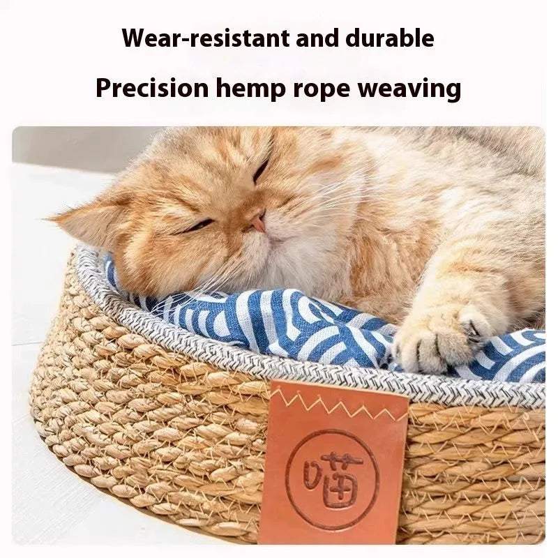 Natural woven rattan cat bed nest for small pets, shown in a size suitable for a cat.