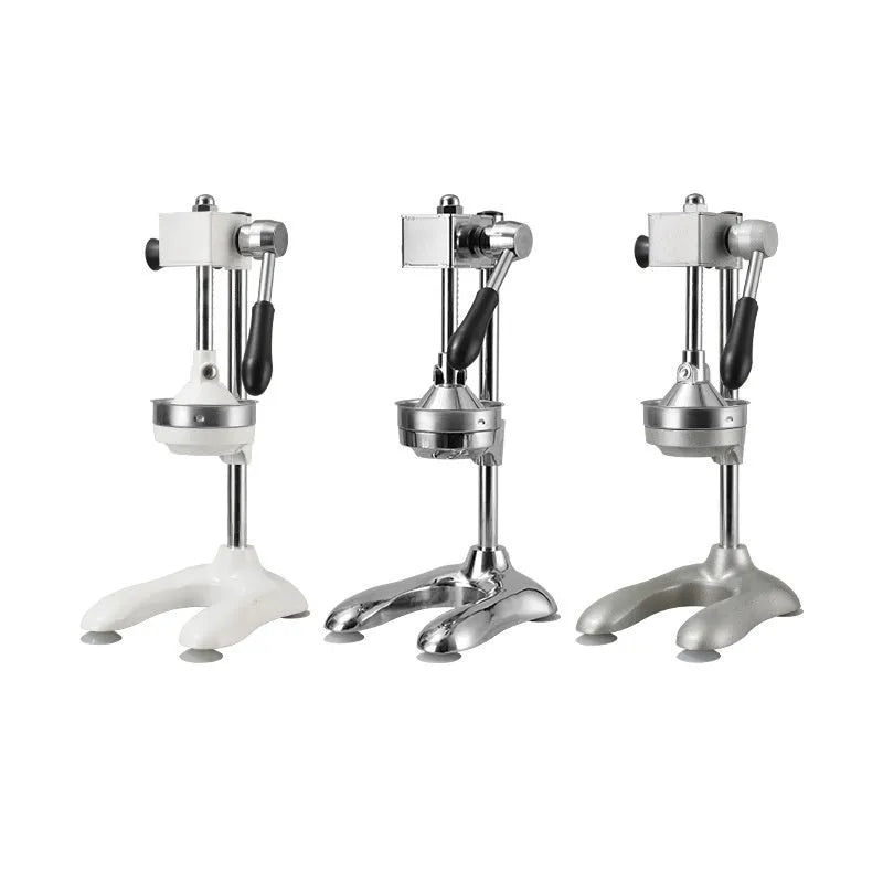 Vertical stainless steel manual citrus juicer shown in a choice of colours and with pointed tip, flat top, and double headed style options.