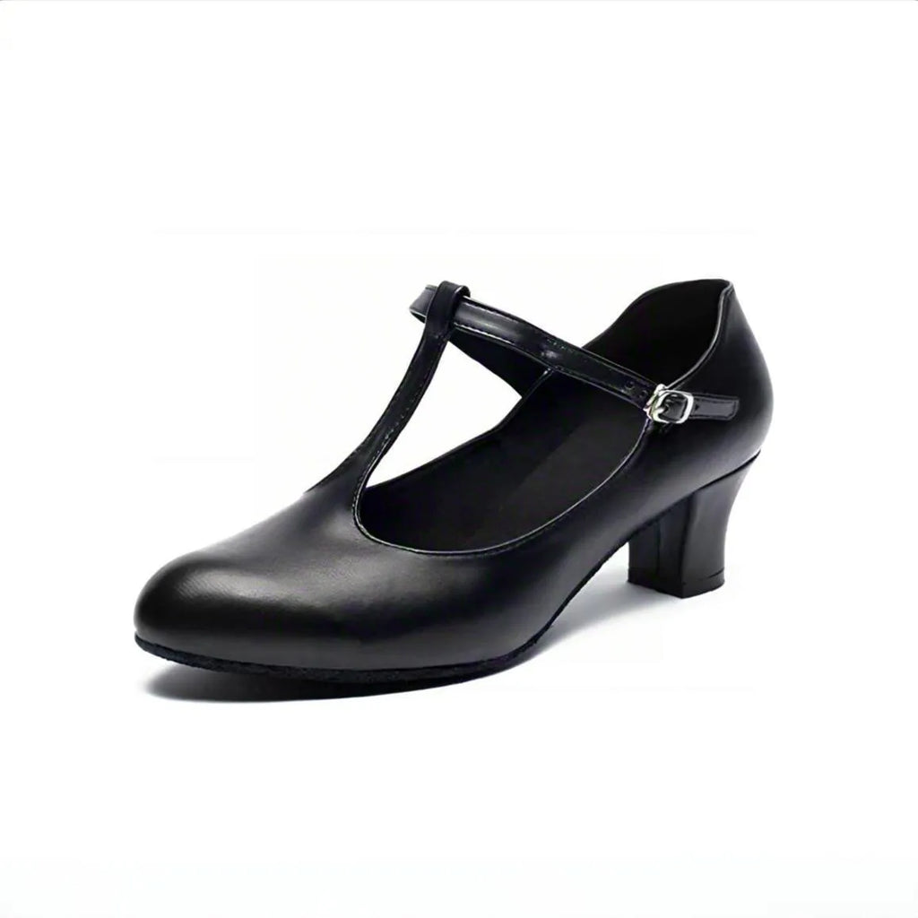 Women's modern soft bottom leather Latin dance shoes in black with double cross straps