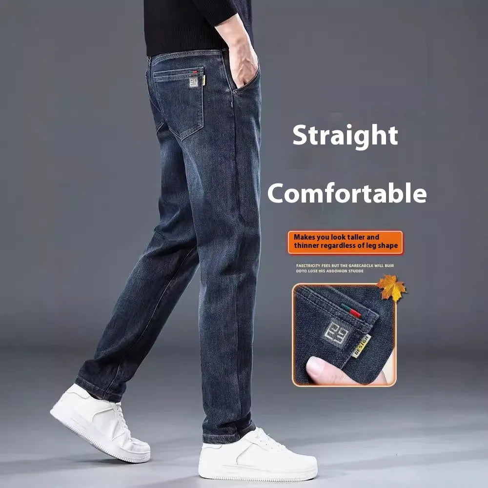 Blue grey slim straight casual trousers with elastic waist and zip fly on hanger