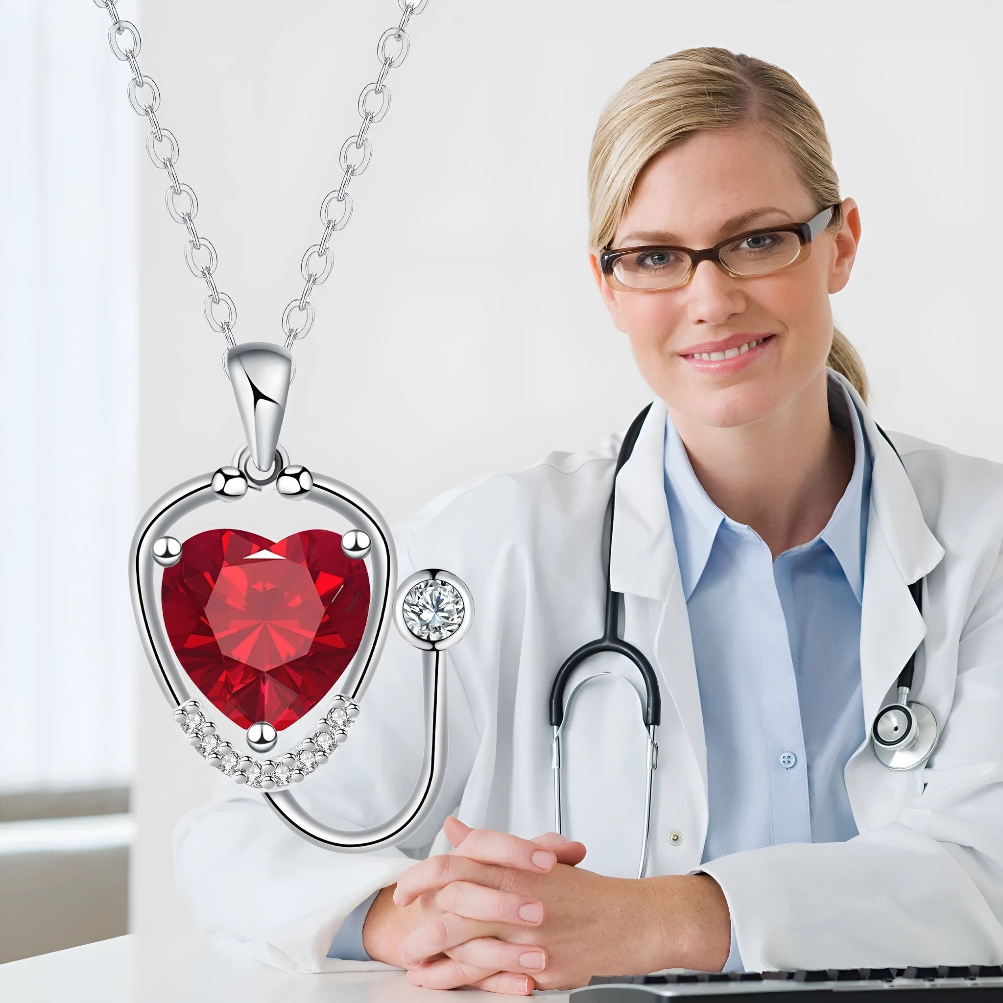 Red diamond women's necklace with stethoscope, wing, and cross pendant design on a copper chain.