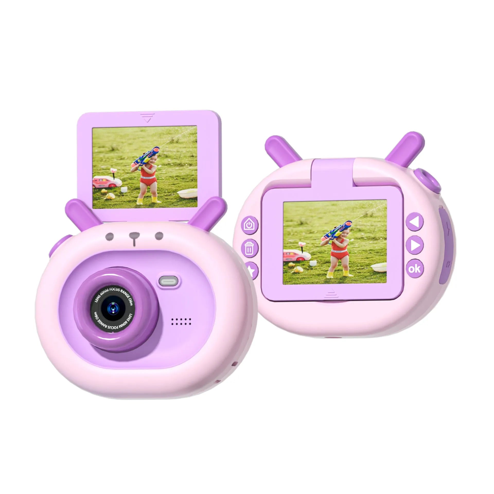 Purple children's digital camera with flip screen and attached silicone case lanyard on a cartoon map.