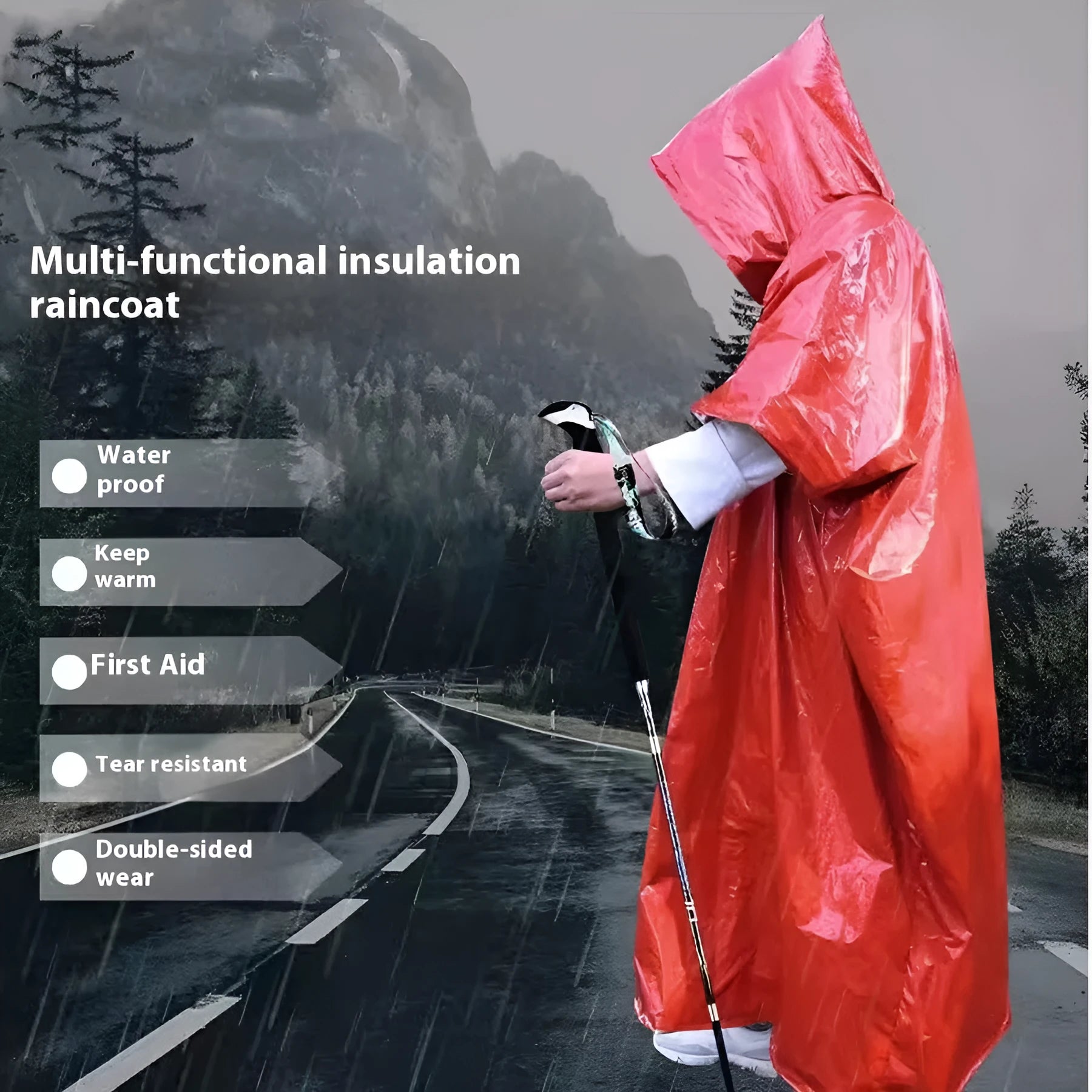 Orange and army green adult waterproof raincoat for marathon and outdoor use, shown laid flat.