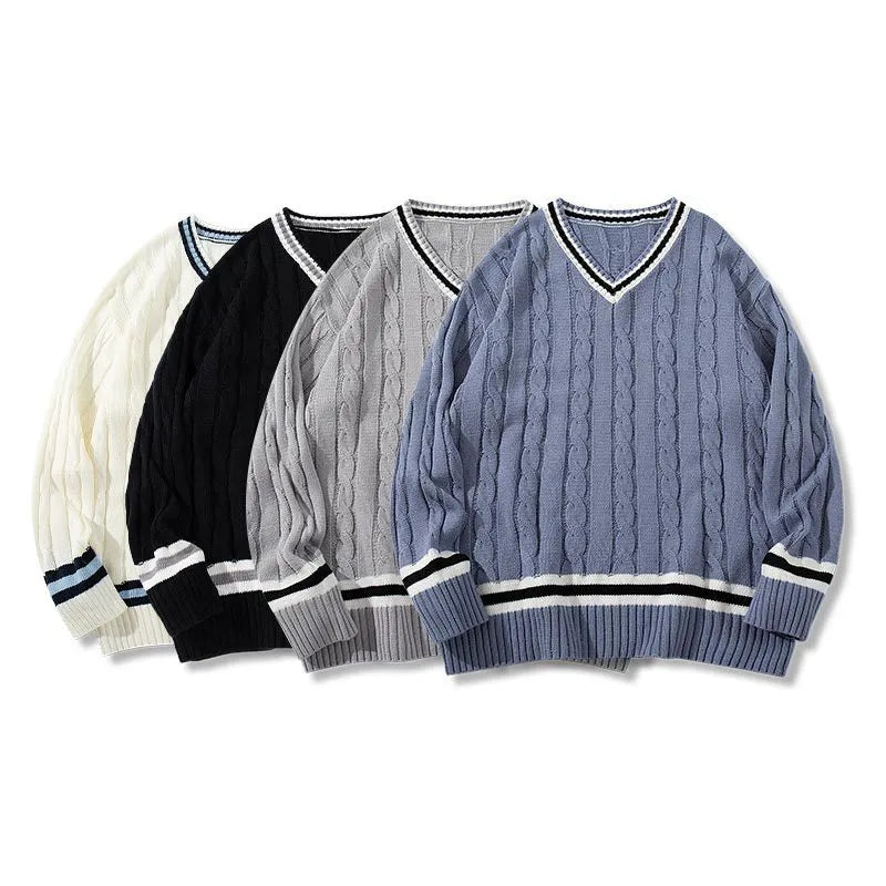 Mens preppy style acrylic V-neck pullover sweater in loose fit, available in four colours