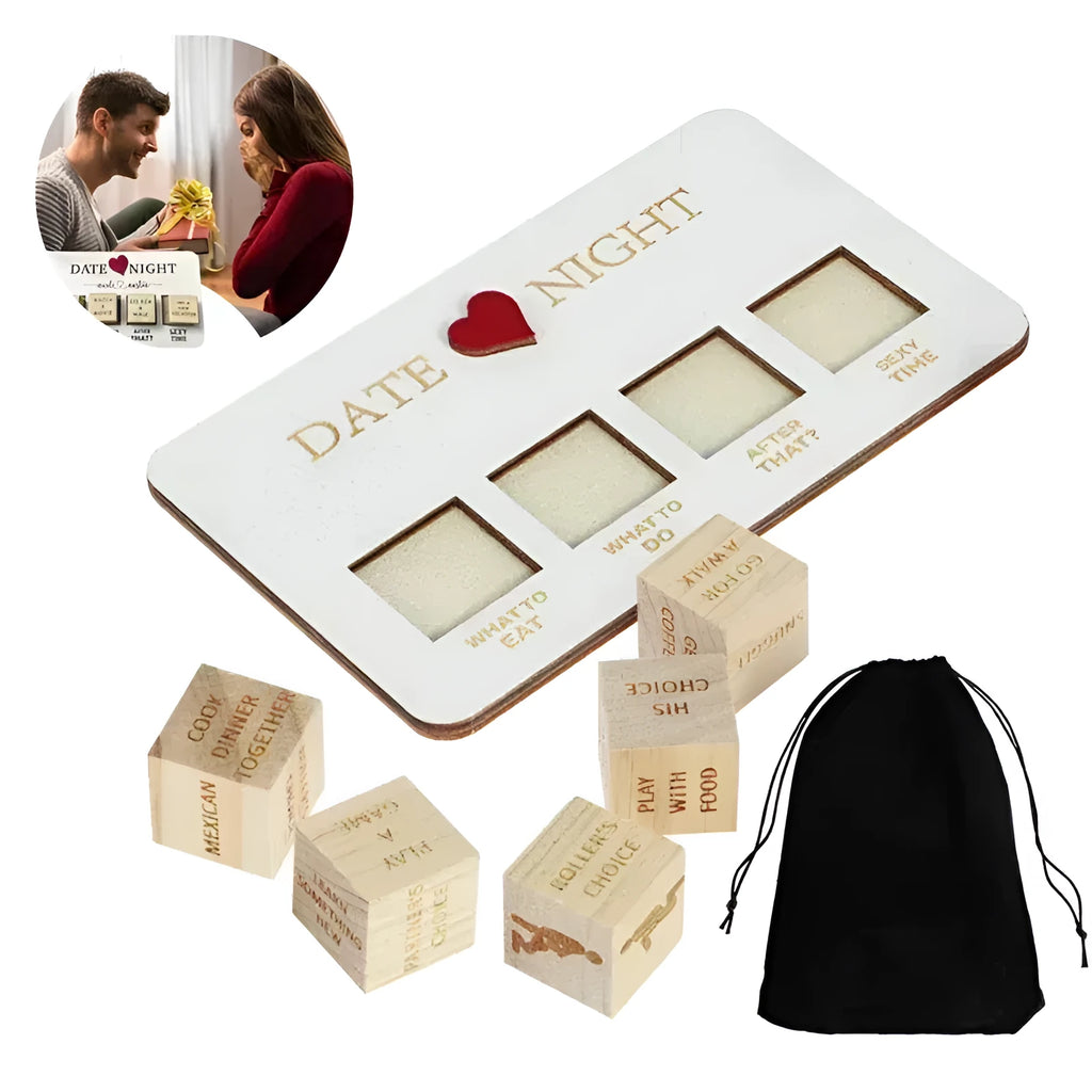 Wooden date night dice game set with five natural wood dice and planner board for couples