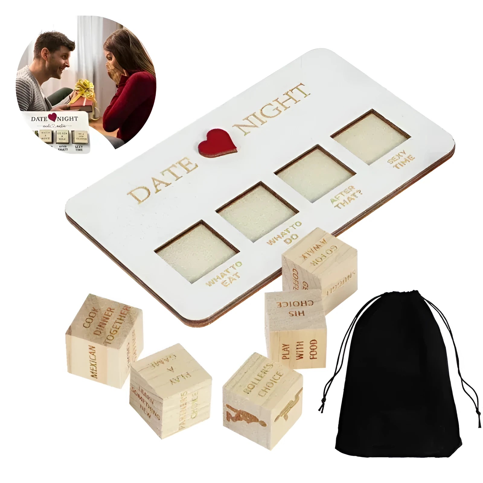 Wooden date night dice game set with five natural wood dice and planner board for couples
