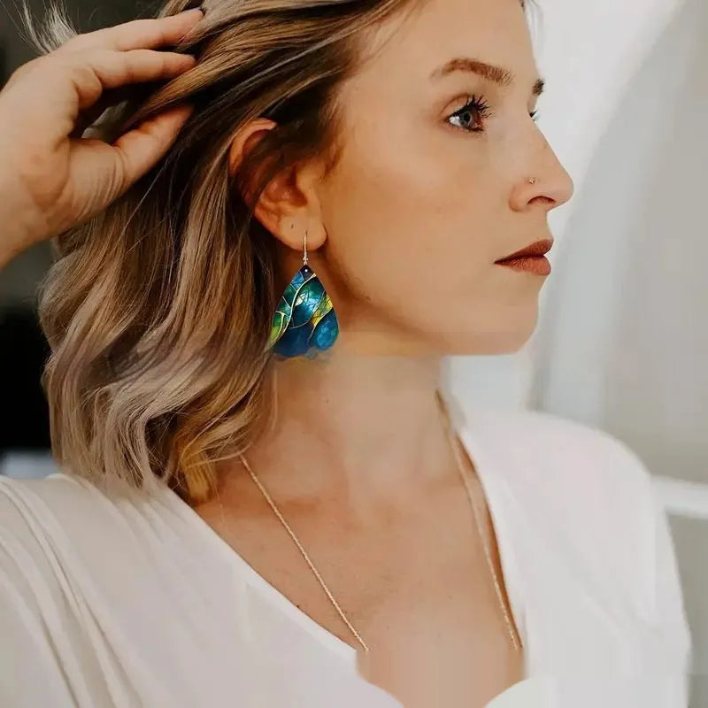 Acrylic flat branch knot drop earrings with printed design in drop shape for unisex wear