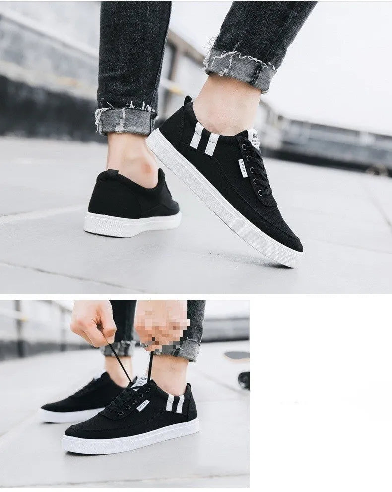 Men's low top spring canvas shoes in black cloth cover with flat rubber sole