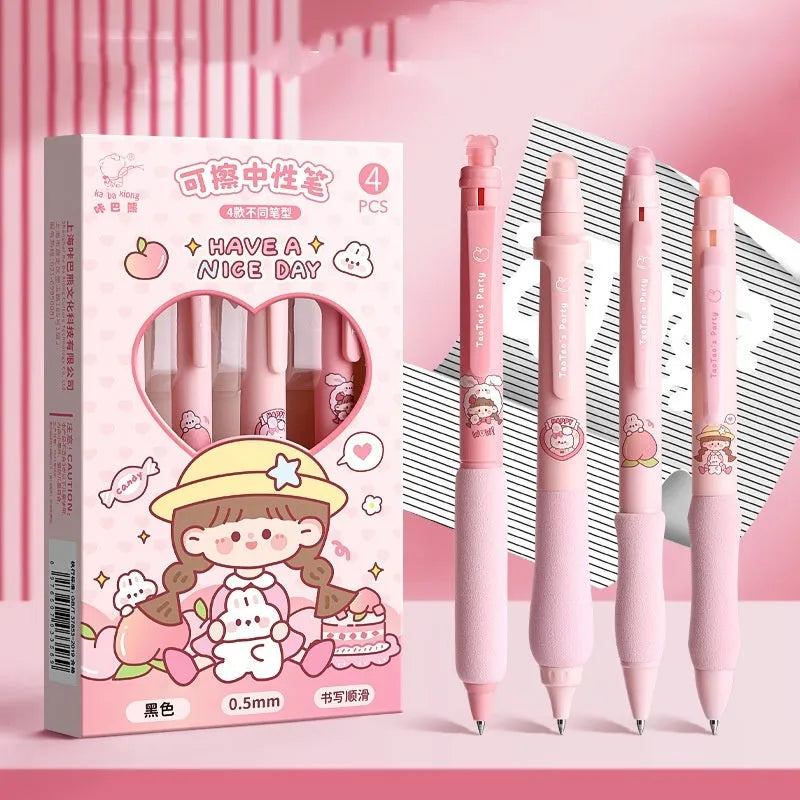 Erasable gel pen with 0.5mm tip in cartoon designs including panda, bear, and aerospace themes