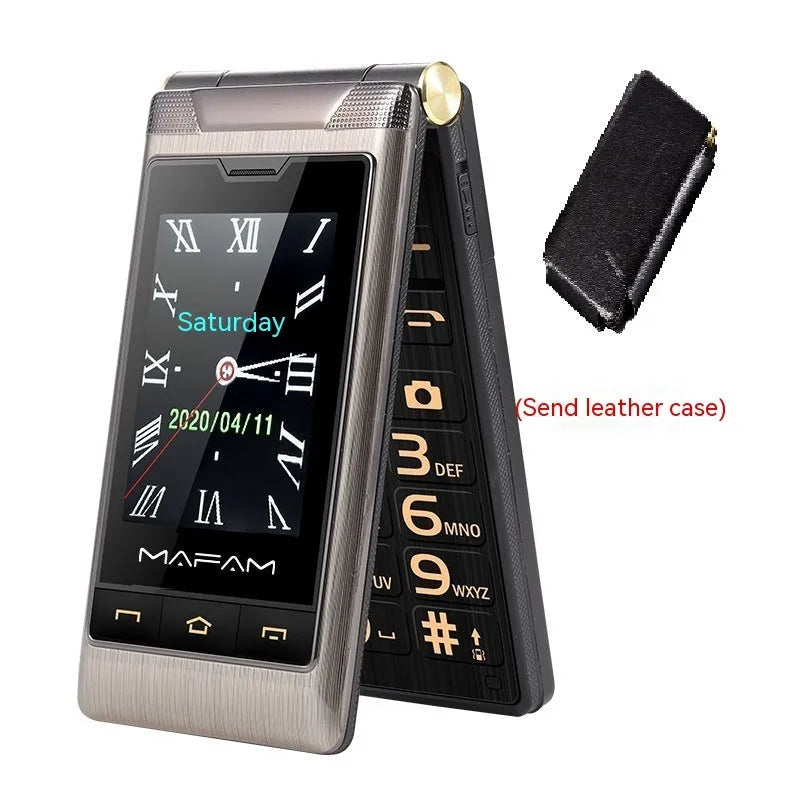 Gold gun colour metal flip cover phone with 2.8-inch internal and 2.4-inch external displays, 5900mAh battery
