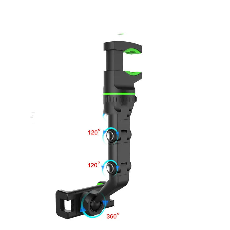 Green multifunctional car phone holder attached to a rear view mirror holding a smartphone