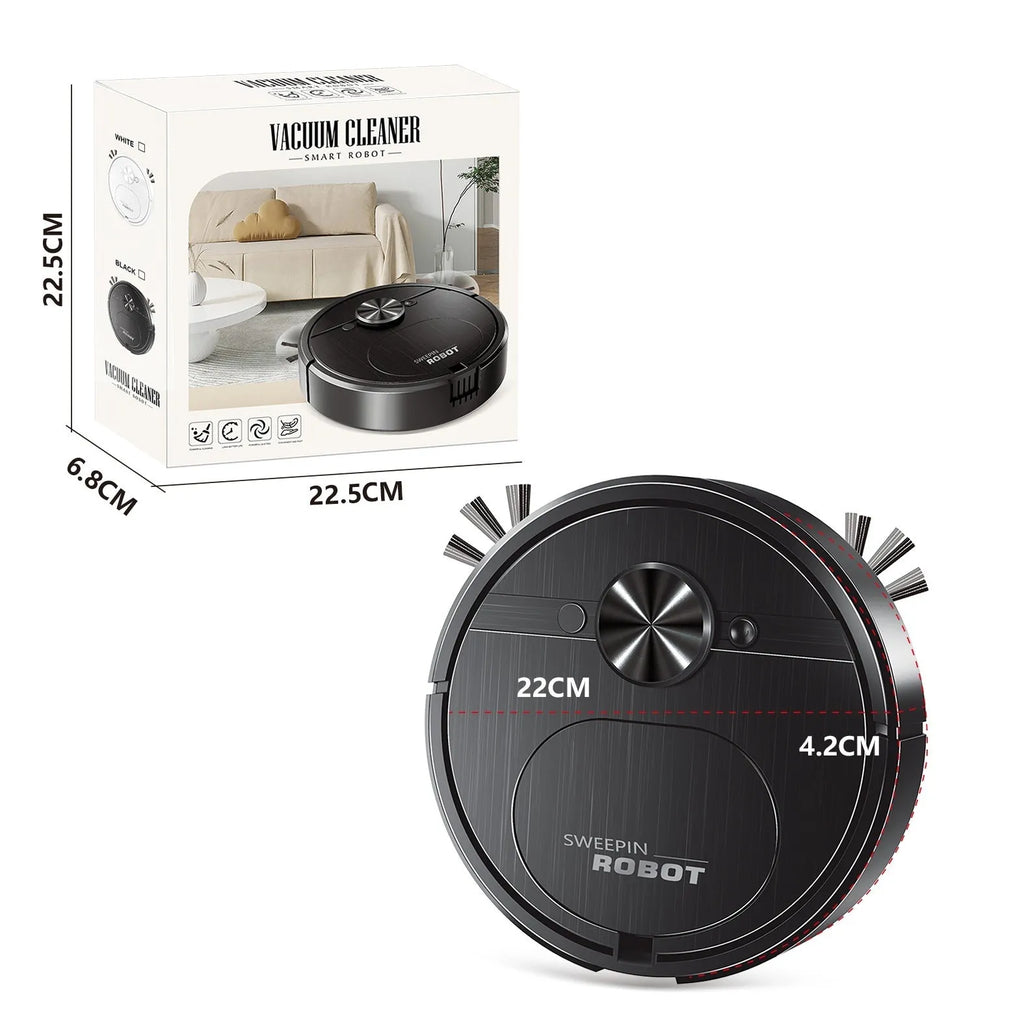 Black or white robot vacuum cleaner with suction, sweeping, and mopping functions on a hard floor