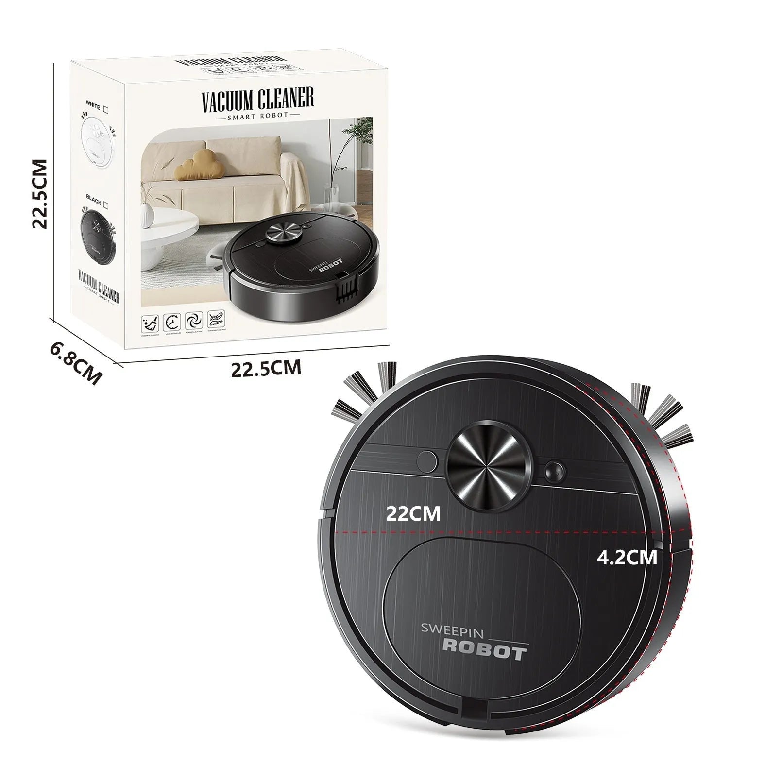 Black or white robot vacuum cleaner with suction, sweeping, and mopping functions on a hard floor