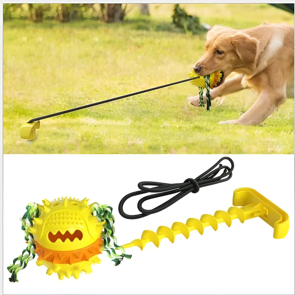 Bright yellow TPR dog draw rope ball for teething and fetch on grass