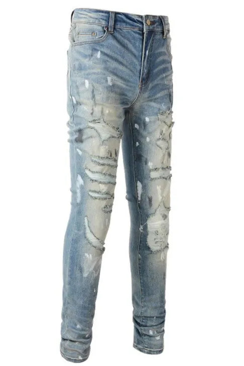 Men's patch slimming perforated denim leggings in light blue, 98% cotton, front view