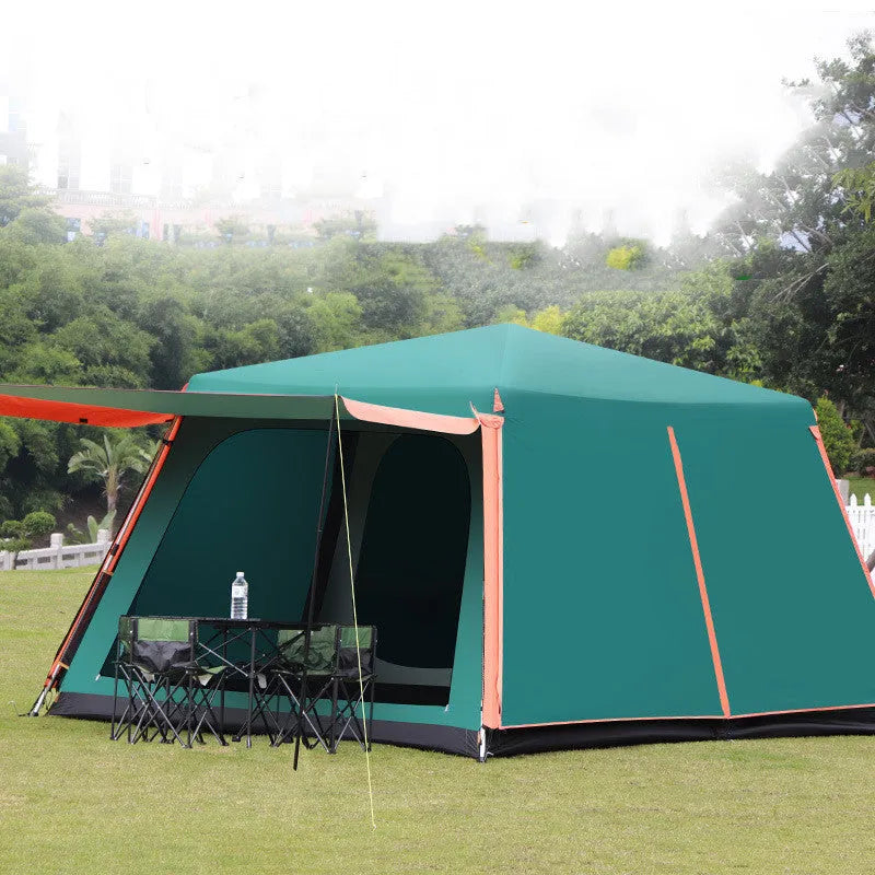 Outdoor fully automatic aluminum pole double-layer camping tent for 5-8 people in green with waterproof Oxford cloth