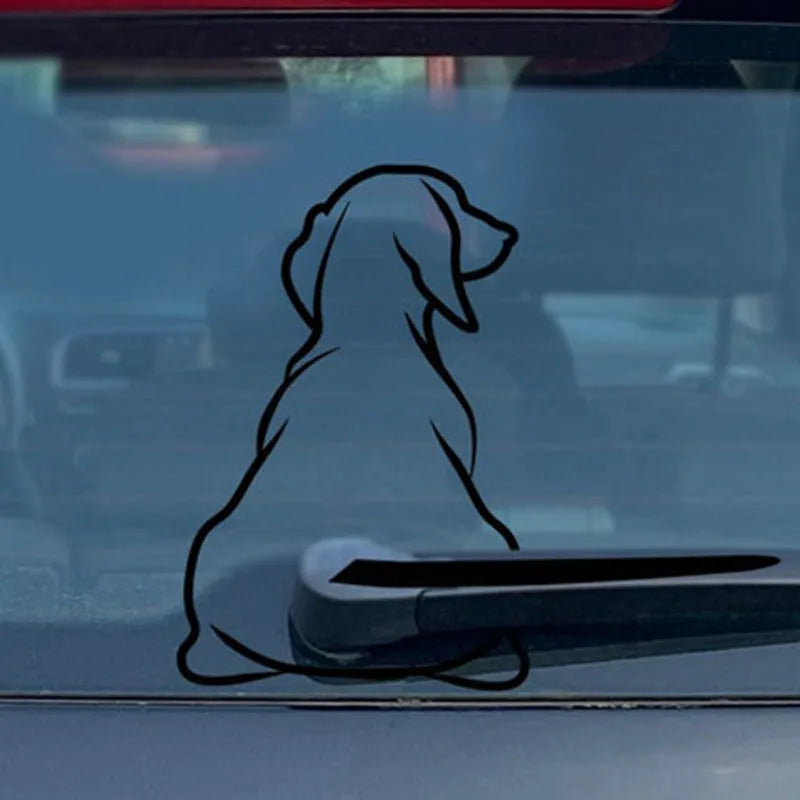 Cartoon dog operating car wiper vinyl sticker in black or white for rear window