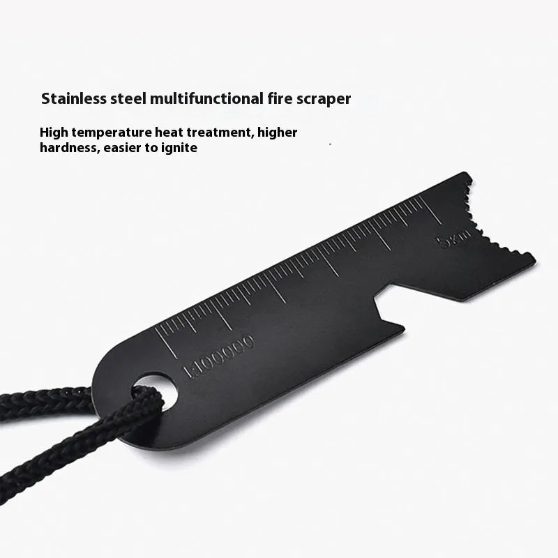 Black outdoor survival multi-tool showing magnesium rod flint and stainless steel scraper with multiple functions.