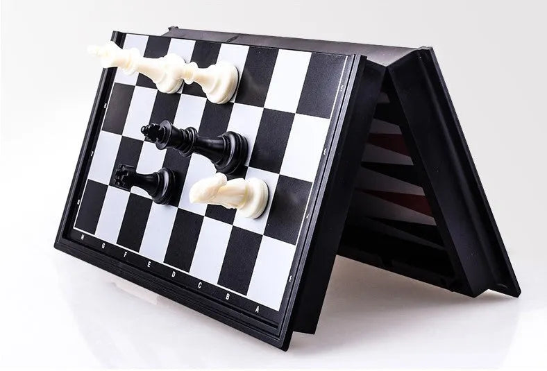 Three in one magnetic chess checkers backgammon set, plastic board 25.5x13x4.5cm, with colourful pieces