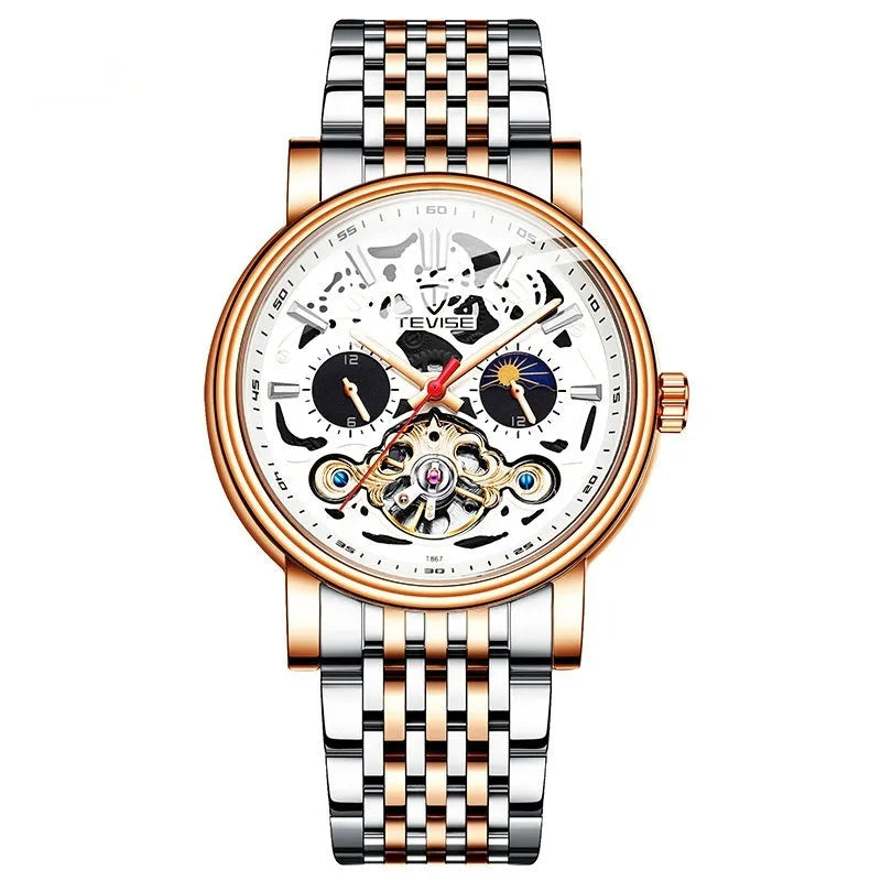 Men's black mechanical watch with skeleton dial showing tourbillon, luminous hands, on a leather strap.