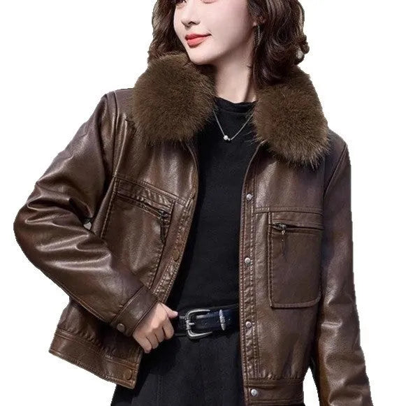 Women's fleece-lined faux leather coat in black, short lapel Western style, available in sizes L to 4XL