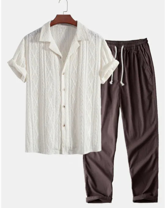 Slim-fit men's camouflage print shirt and trousers casual suit set on a hanger.